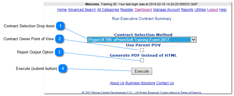 Contract Executive Summary Setup Screen